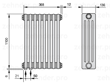 Схема (чертеж) Радиатор Zehnder Charleston 4110/8 №3370 Белый глянцевый RAL 9016